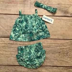 Carter's Baby Girl Green Tropical 3 Piece Outfit, Size Newborn, Brand New w Tags